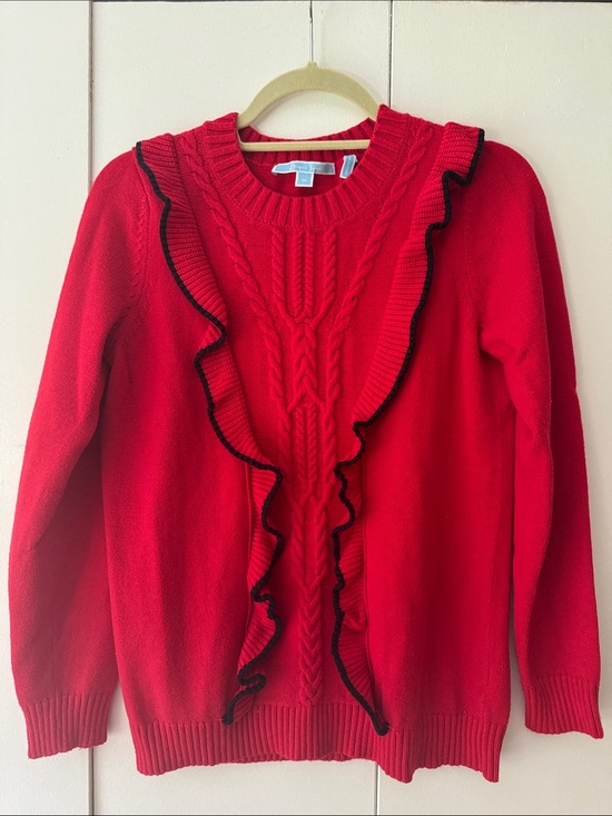 Draper James Sweaters - Draper James Red Cable-Knit Sweater with Black-Trim Ruffle